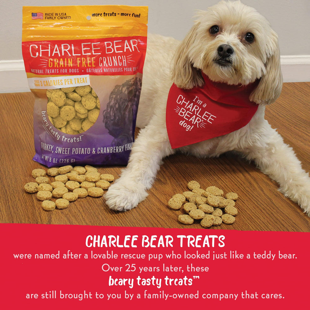 Charlee Bear Crunchy Dog Training Treats shown in a close-up of the crunchy bites.