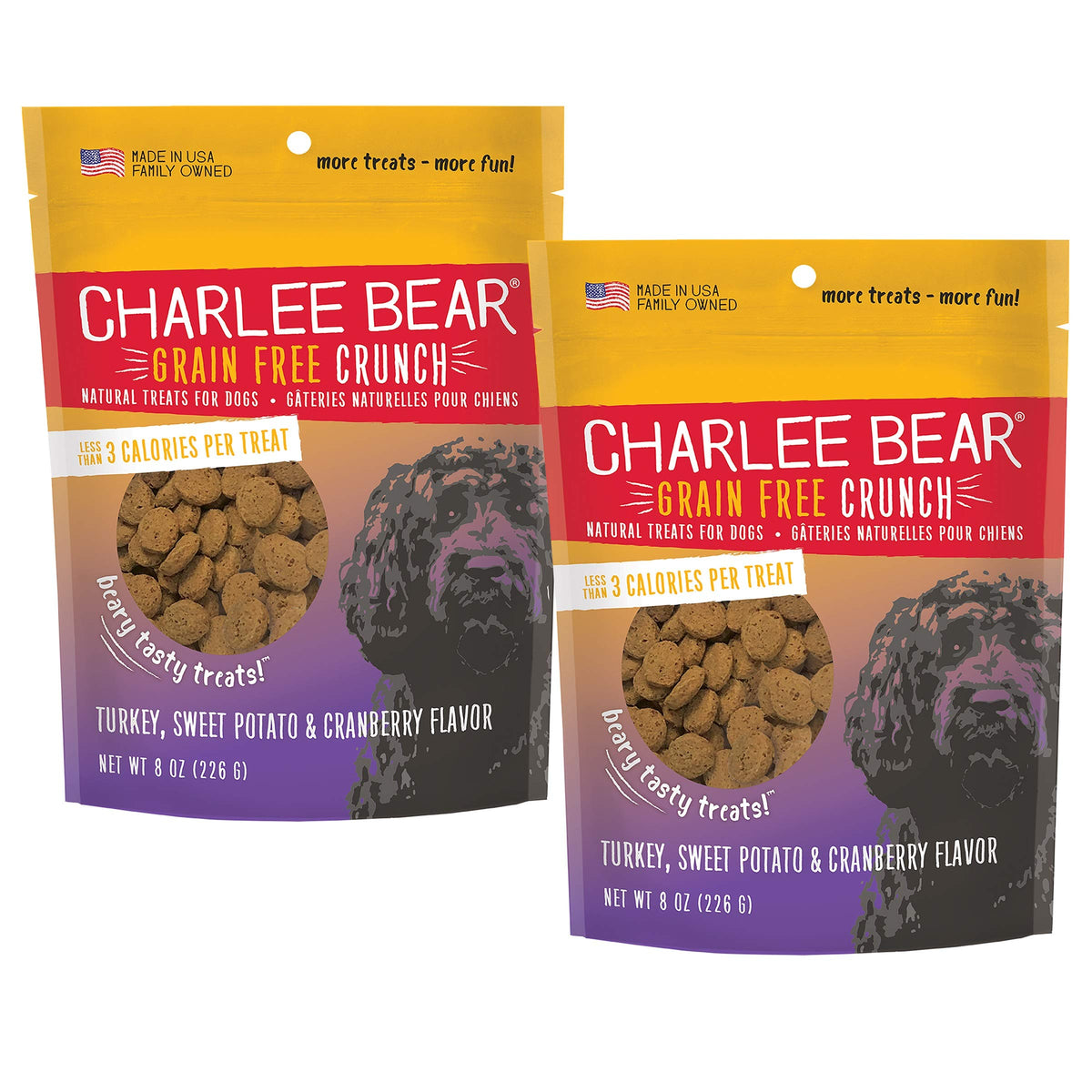 Charlee Bear Crunchy Dog Training Treats bags shown from the front.