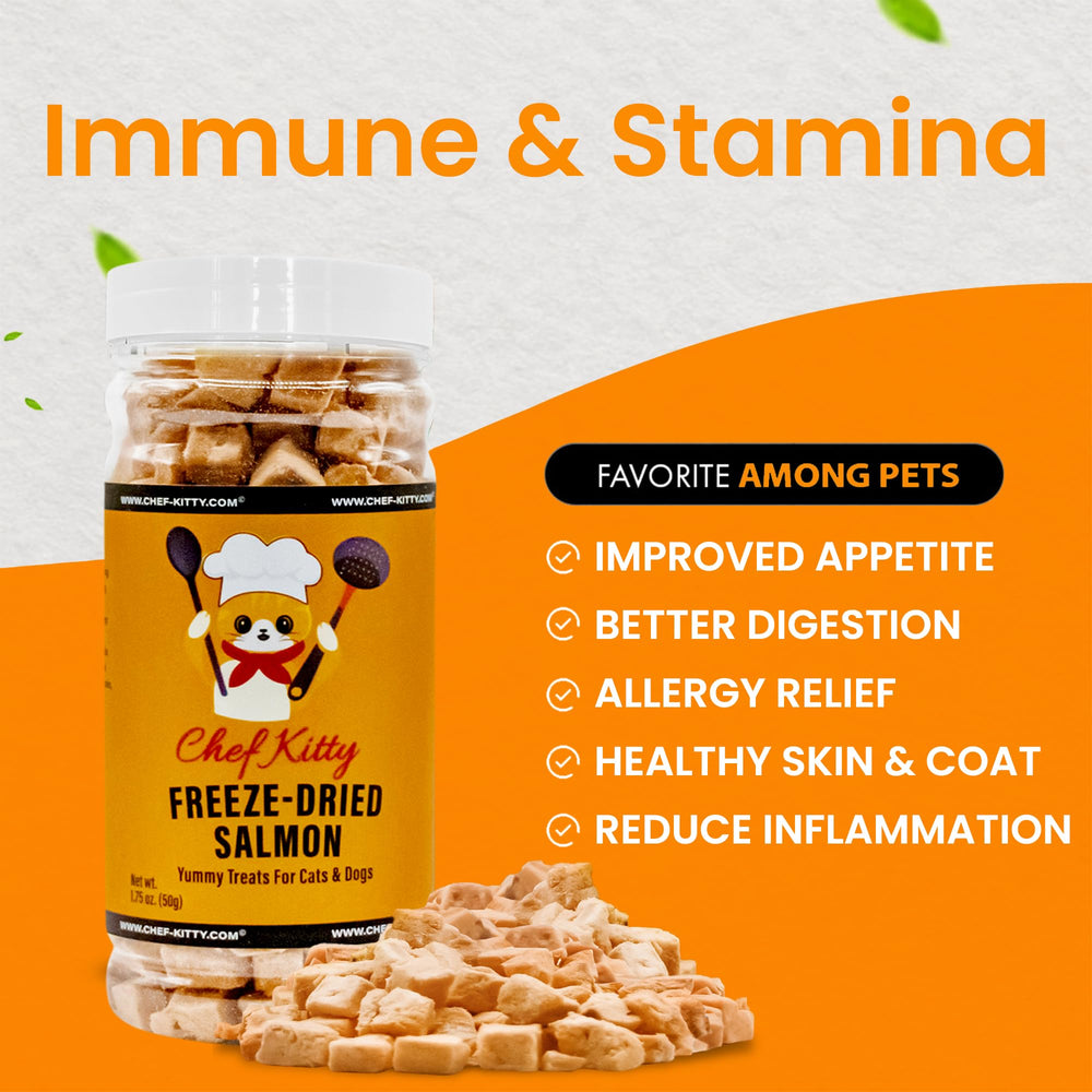 Chef Kitty salmon treats sprinkled over pet food as a topper.