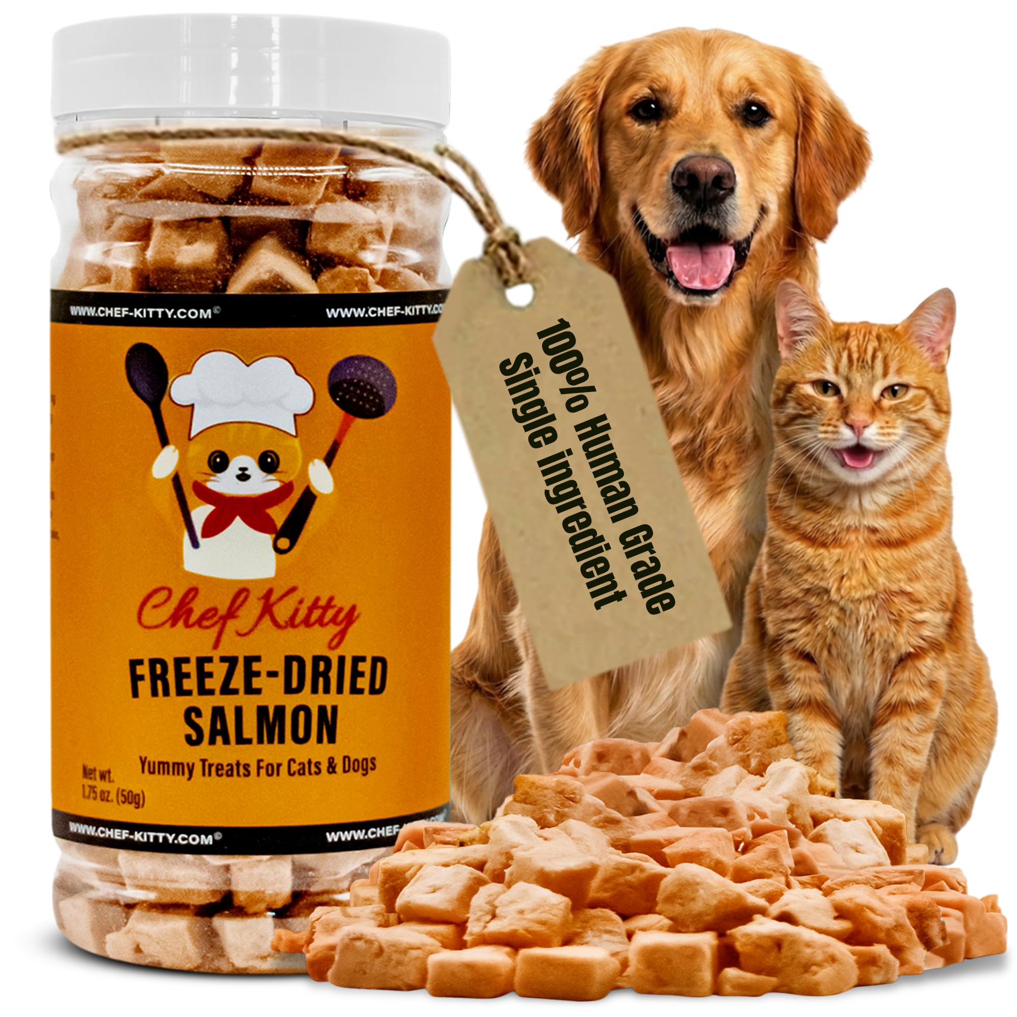 Chef Kitty salmon treats shown in a front view of the package.