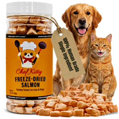 Chef Kitty salmon treats shown in a front view of the package.