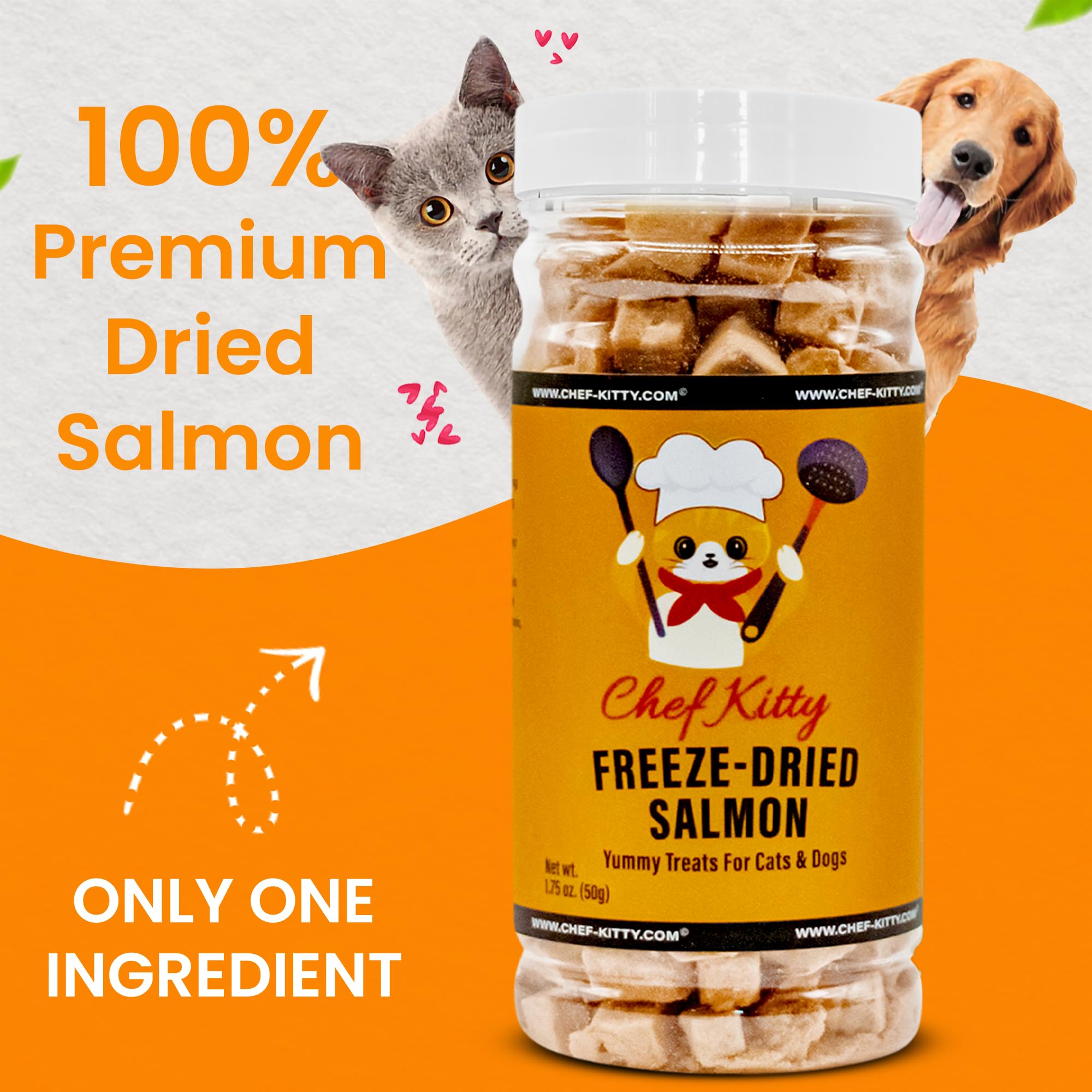 Chef Kitty salmon treats shown in a close-up of the freeze-dried pieces.
