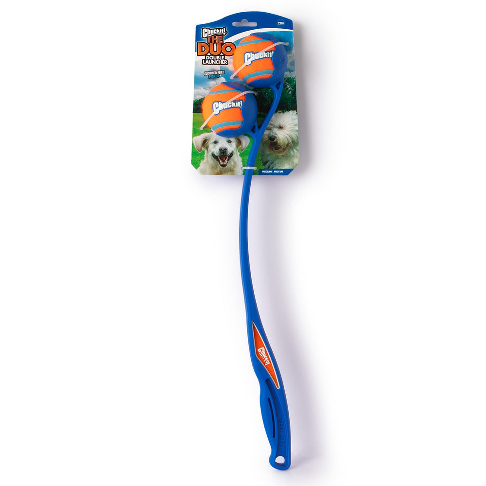 Chuckit! Duo 22M Double Launcher pictured with its two included medium tennis balls.