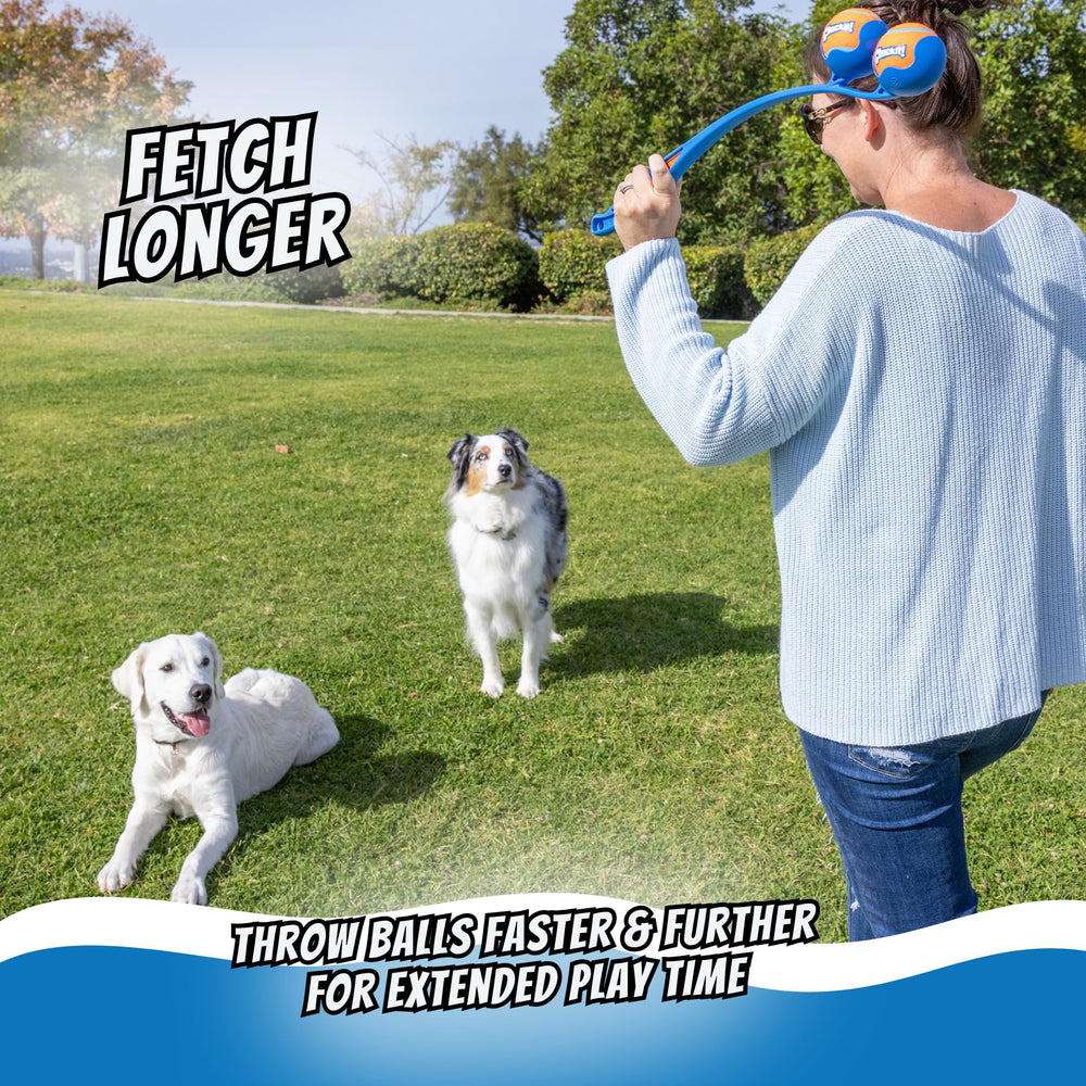 Chuckit! Duo 22M Double Launcher being used for a game of fetch.