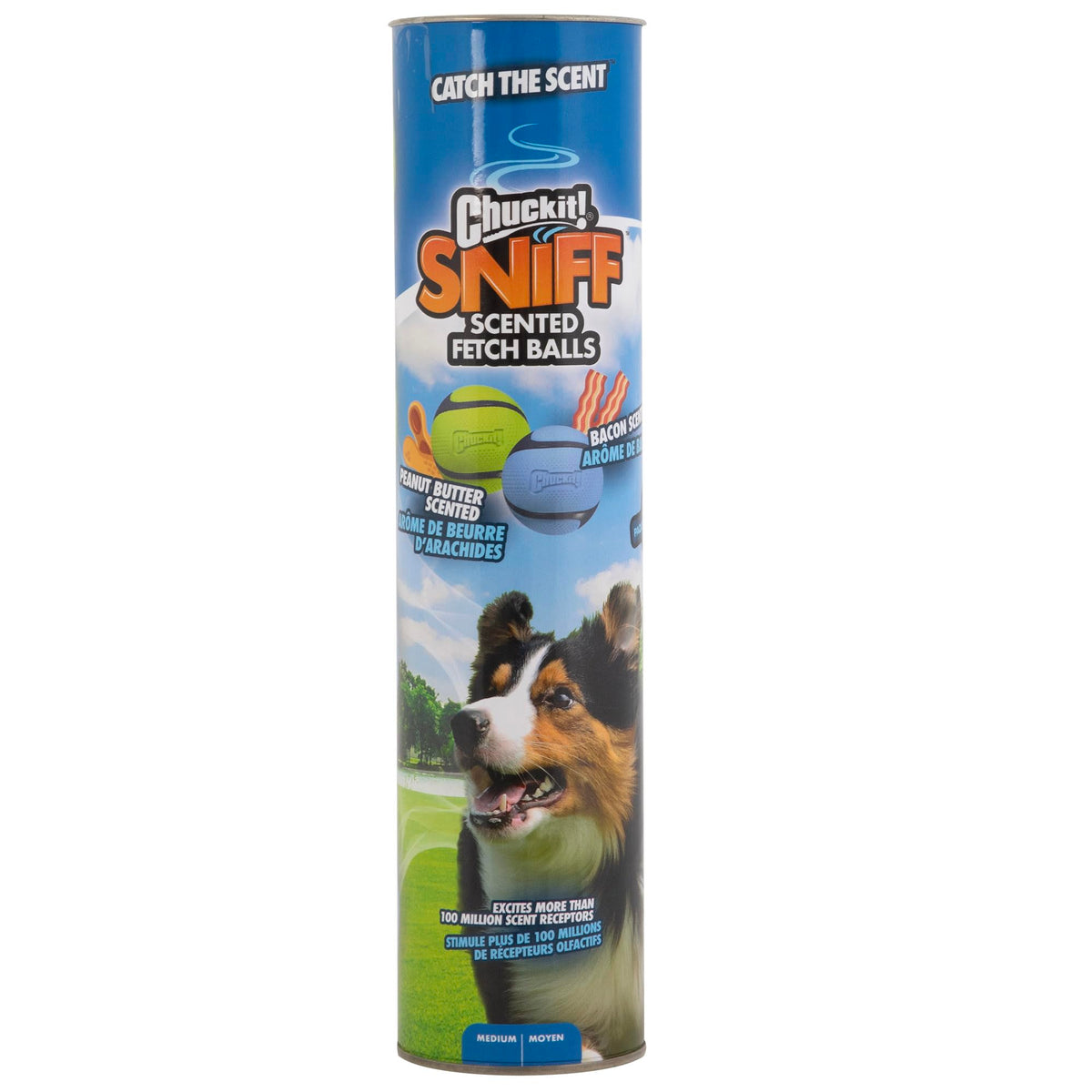 Chuckit! Sniff Fetch Balls four-pack shown with its canister.