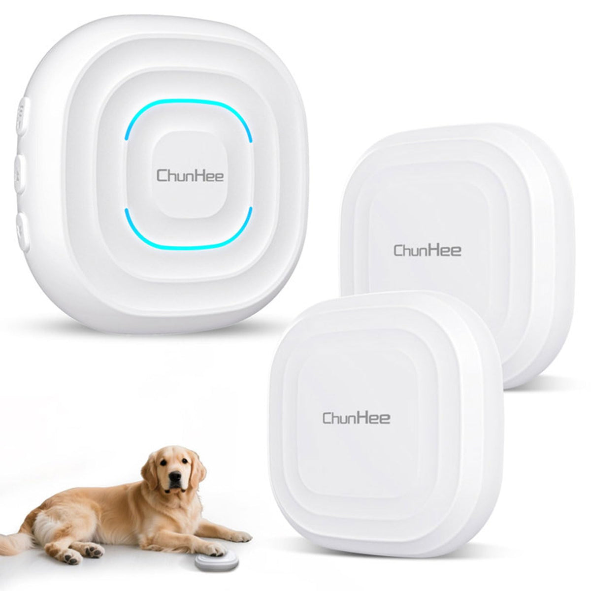 ChunHee dog door bell set with one receiver and two buttons shown together.