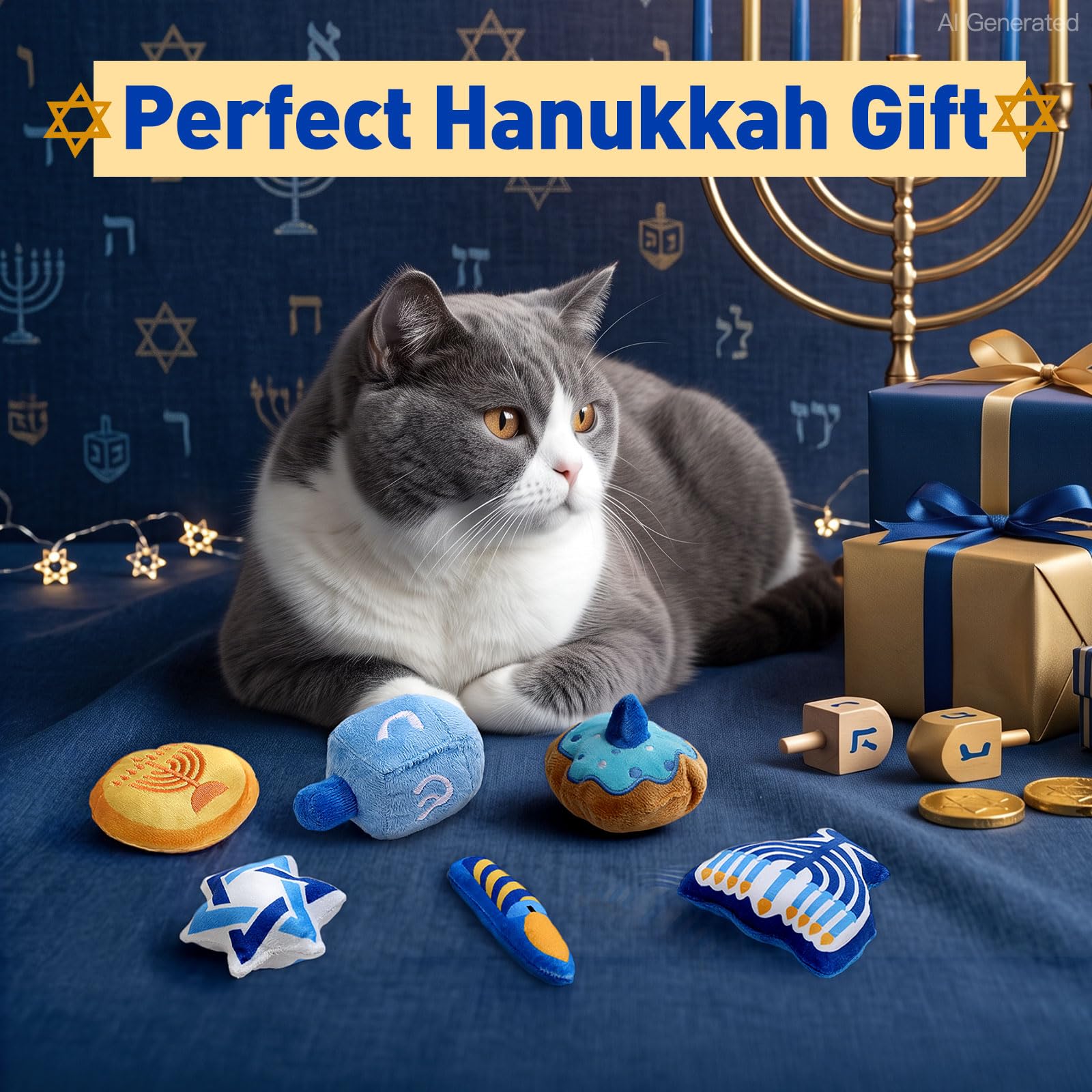 CiyvoLyeen Hanukkah catnip toy detail showing its stitching and plush fabric.