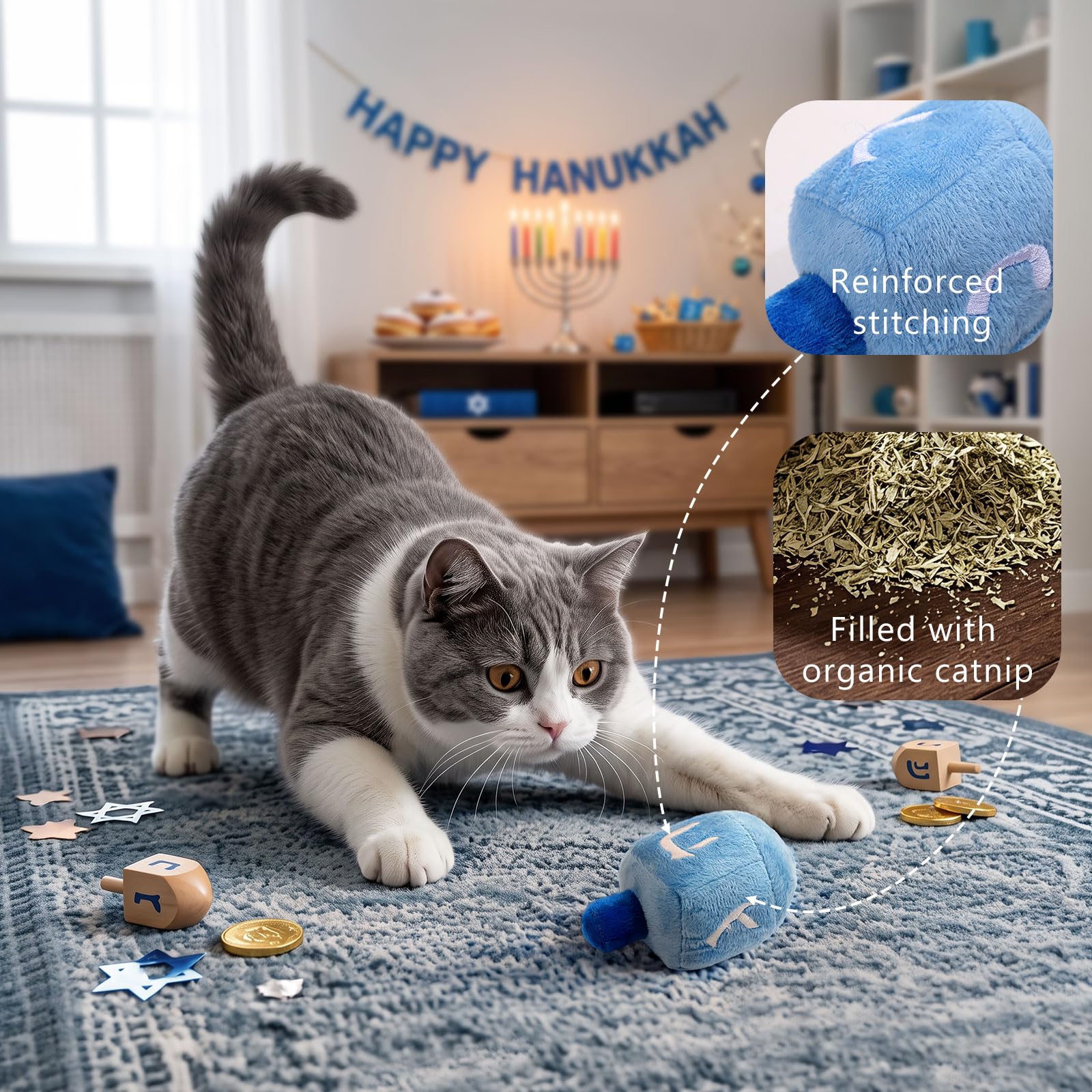 CiyvoLyeen Hanukkah catnip toy in a Sufganiyah shape.