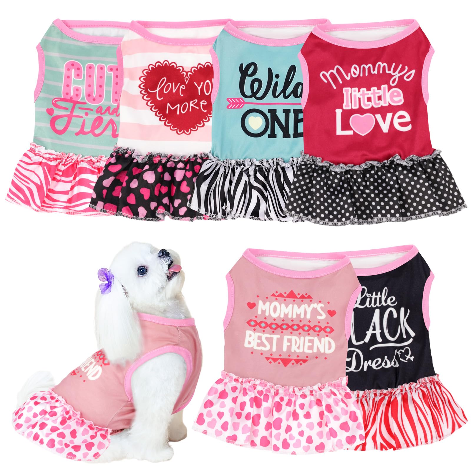 Clysee dog dresses shown as a set of six different styles.