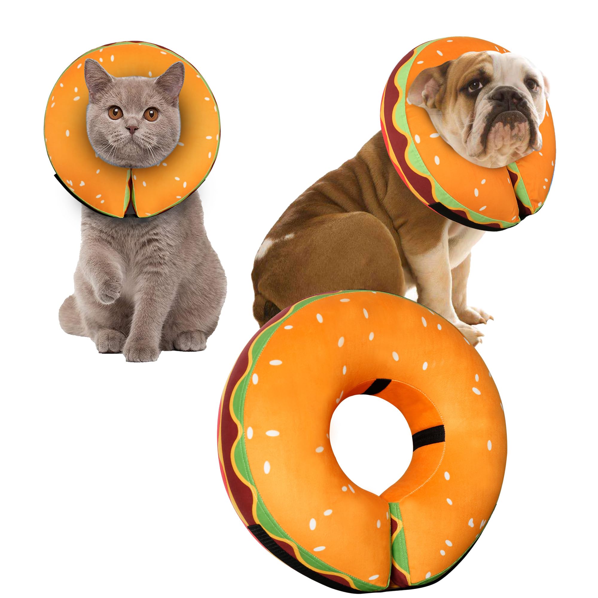 Cneo Inflatable Dog Cone Collar shown from the front with its hamburger design.