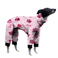 Cnkwei Dog Pajamas shown from the front with long sleeves and a grey paw print.