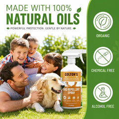 Colton's Naturals Dog Repellent Spray shown for indoor area use.