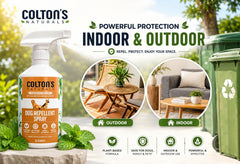 Colton's Naturals Dog Repellent Spray label shown in close-up.