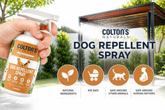 Colton's Naturals Dog Repellent Spray shown being used in an outdoor lawn area.