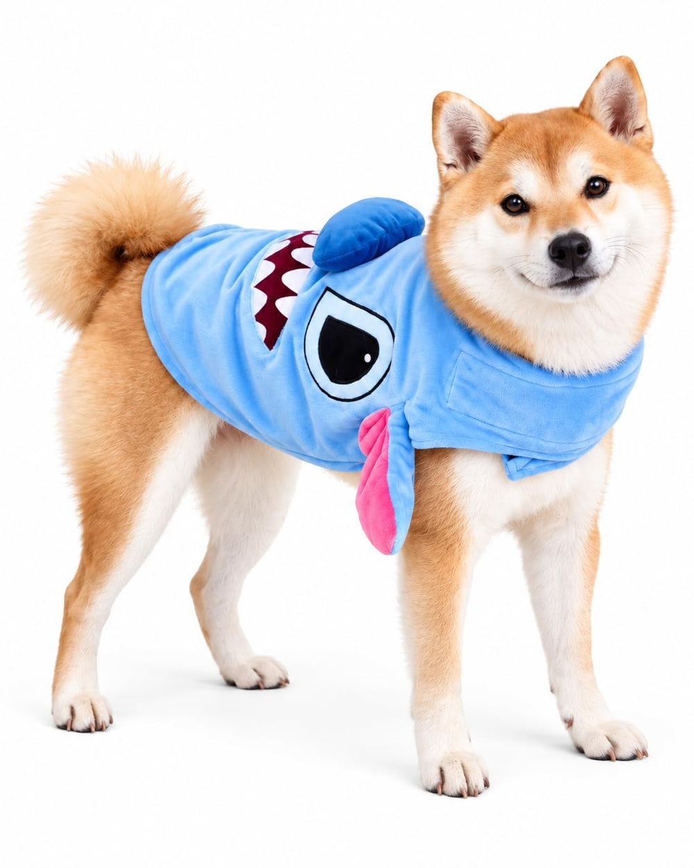 ComfyCamper 3D blue alien dog cape shown being worn by a dog.