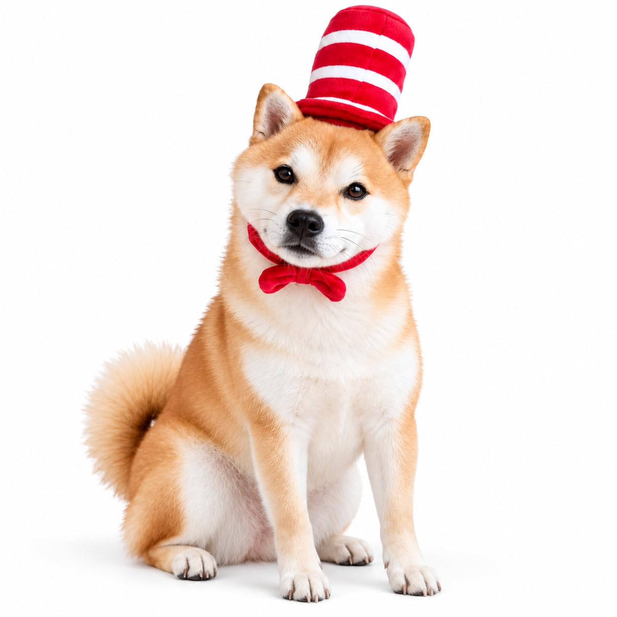 ComfyCamper dog top hat costume showing the adjustable Velcro strap beneath the chin.