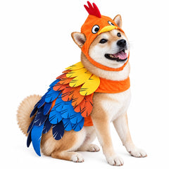 ComfyCamper Rooster Dog Costume colorful feathered cape shown in close-up.