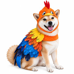ComfyCamper Rooster Dog Costume shown from the front with its headpiece and cape.