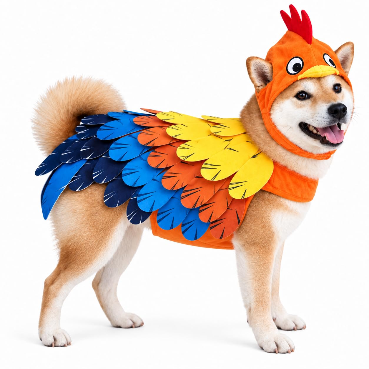 ComfyCamper Rooster Dog Costume headpiece with orange styling, playful eyes, and a red comb.