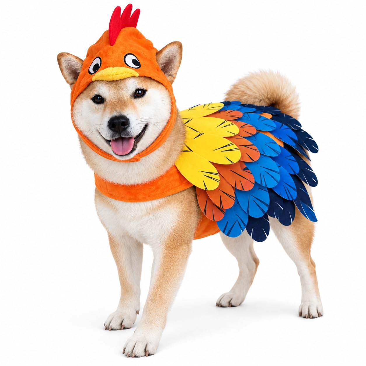 ComfyCamper Rooster Dog Costume shown being worn by a dog.