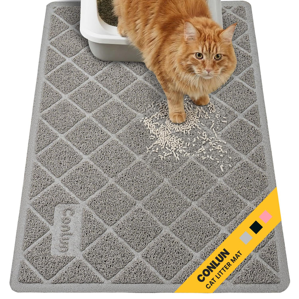 Conlun cat litter mat shown from the front, displaying its gray rectangular grid surface.