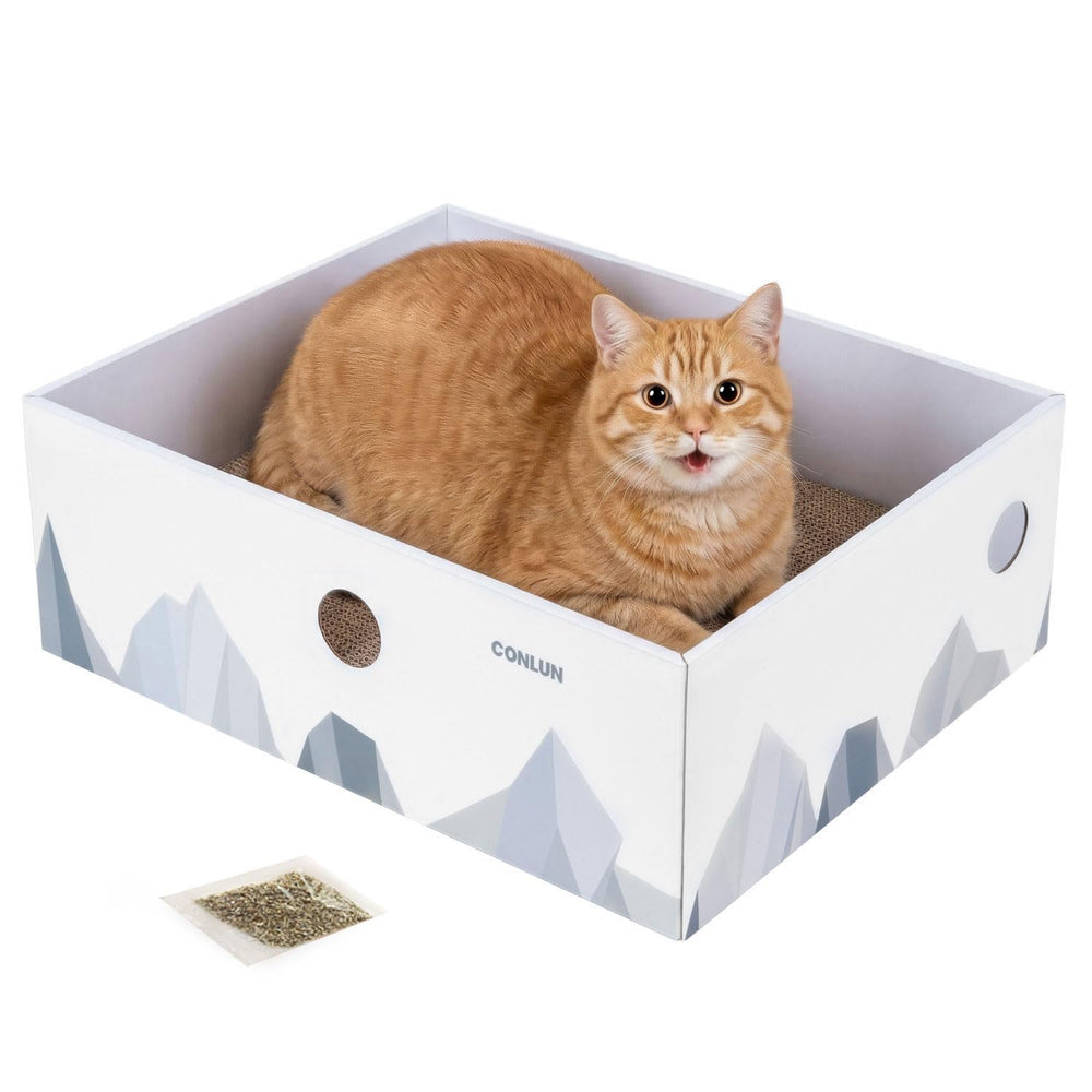 Conlun Cat Scratcher Box shown from the front in white cardboard.