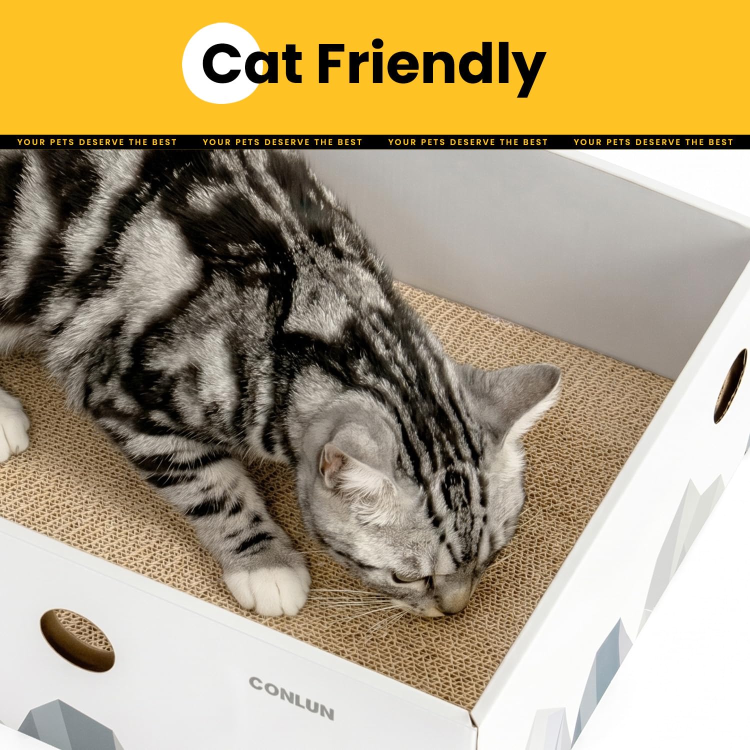 Side view of the white Conlun Cat Scratcher Box.