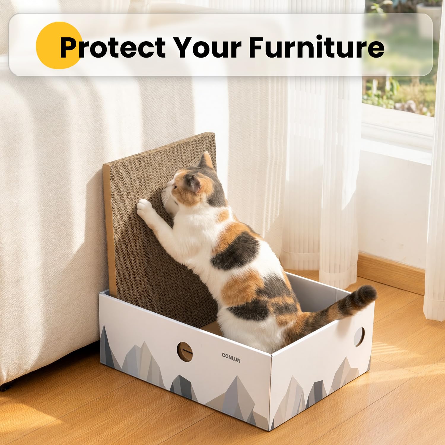 Conlun Cat Scratcher Box size guide showing its dimensions and weight limit.