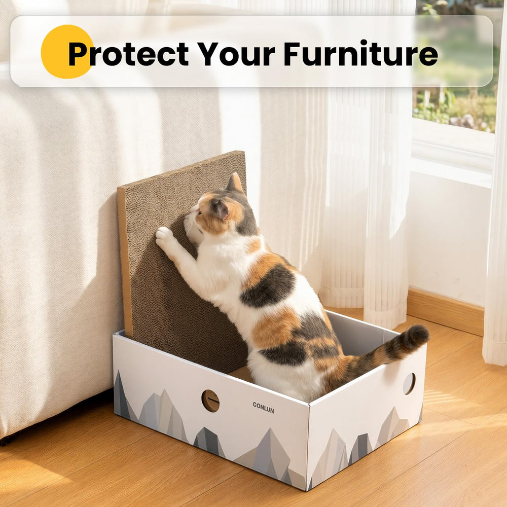 Conlun Cat Scratcher Box size guide showing its dimensions and weight limit.