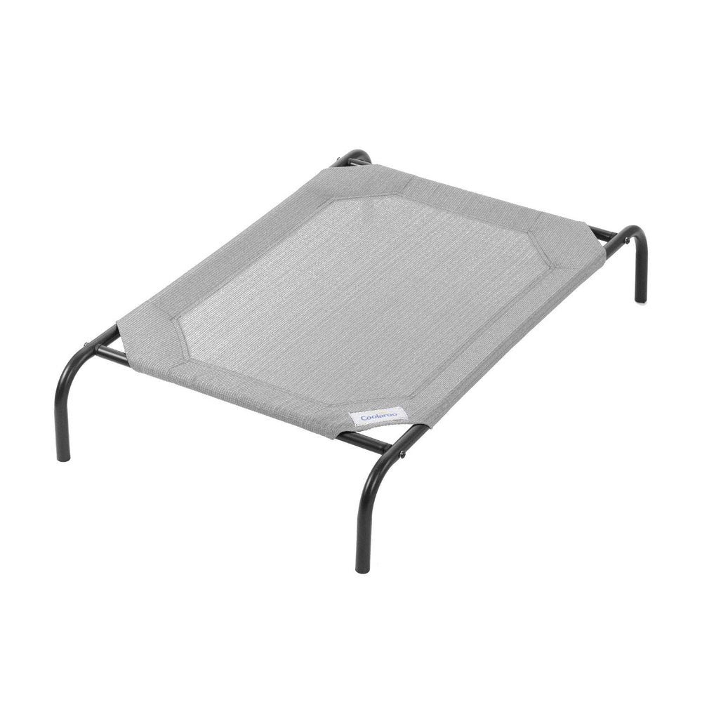 Coolaroo elevated dog bed shown from the front in grey.