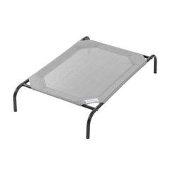Coolaroo elevated dog bed shown from the front in grey.