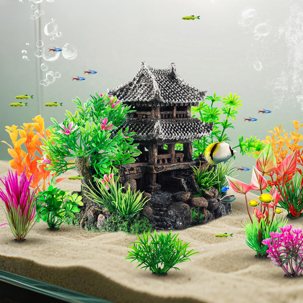 CousDUoBe resin aquarium decoration set showing the castle and plants together.
