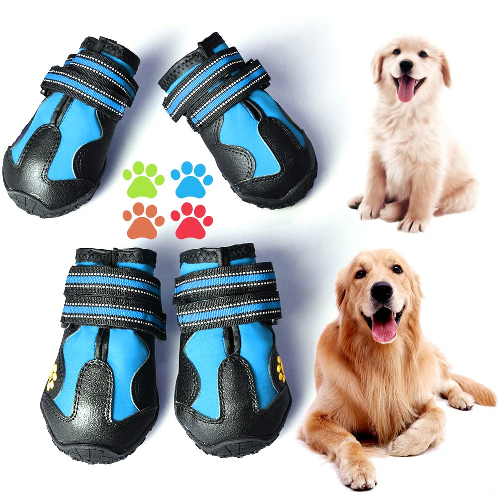 CovertSafe& dog boots shown from the front in black and blue.