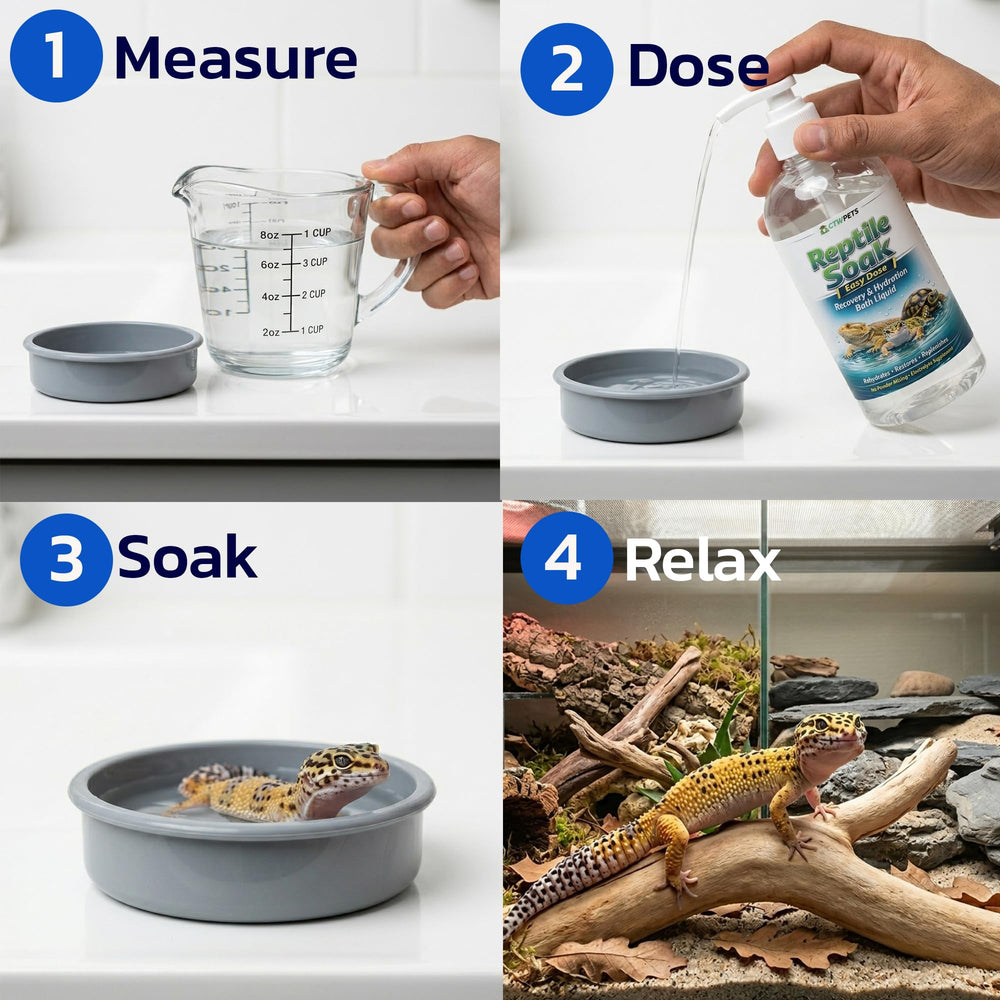 CTWPets Reptile Electrolyte Soak shown being used in a reptile bath.