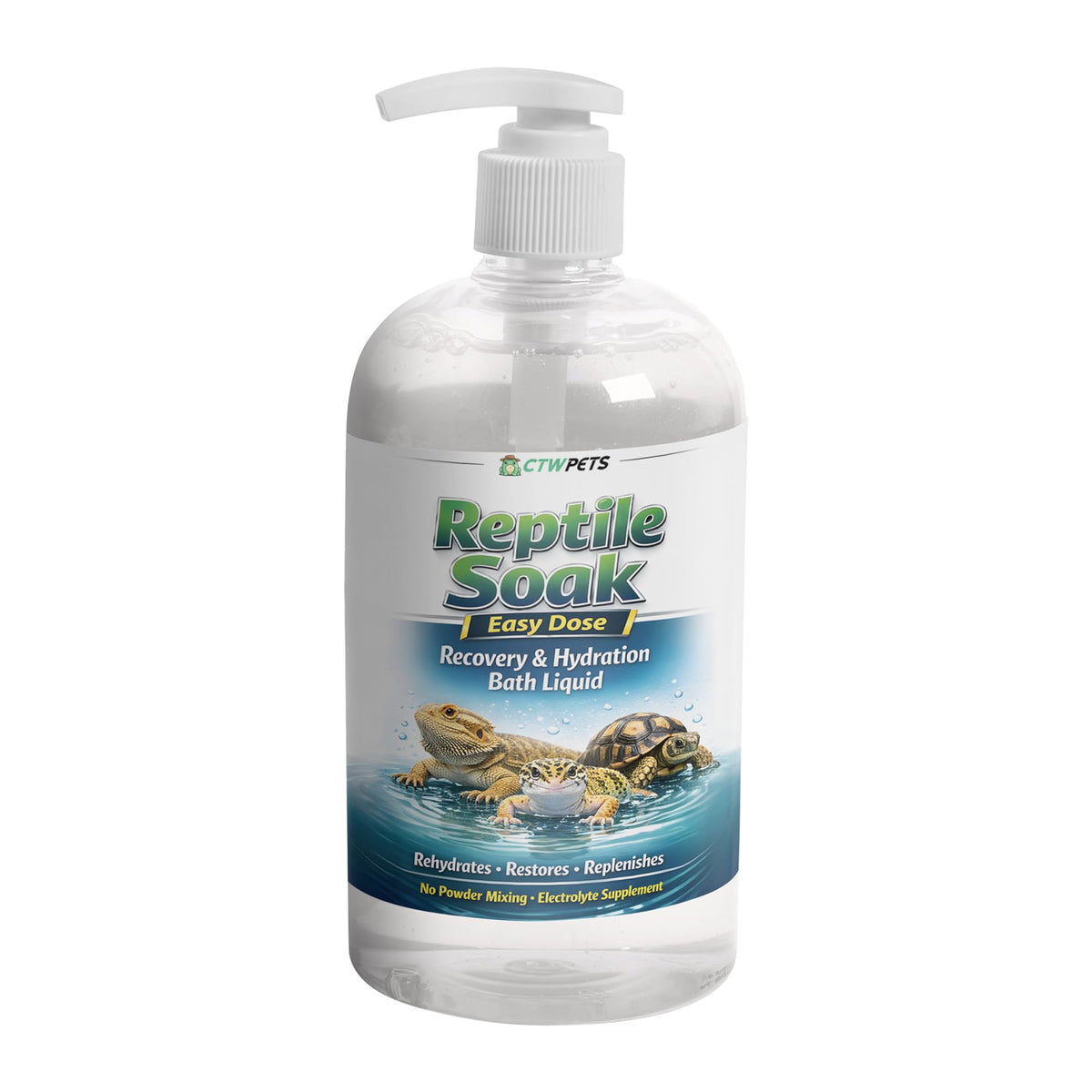 CTWPets Reptile Electrolyte Soak bottle shown from the front.