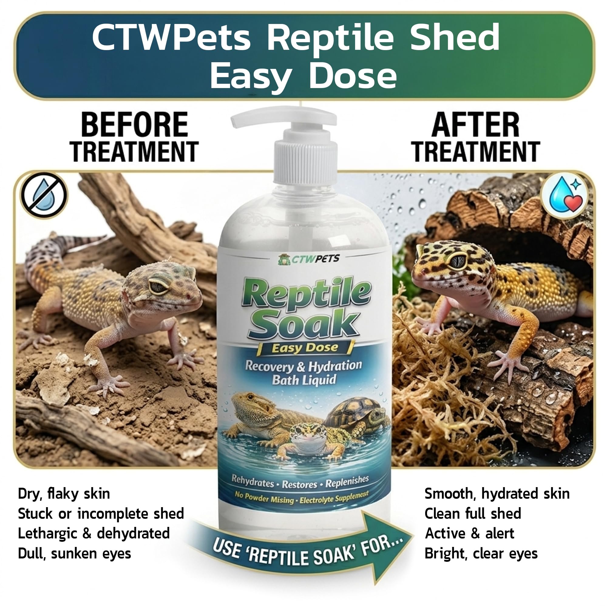 CTWPets Reptile Electrolyte Soak liquid formula shown in close-up.