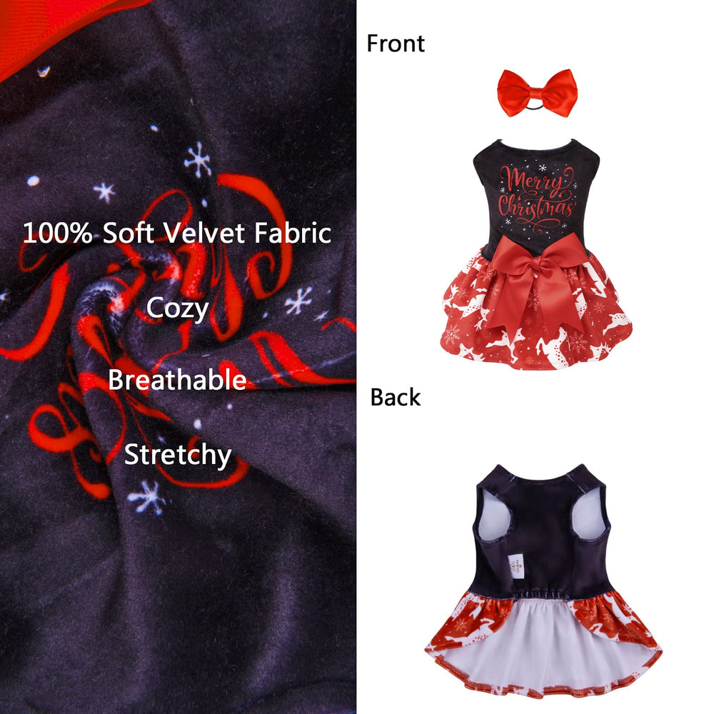 CuteBone dog dress pictured with its matching bow hair rope.
