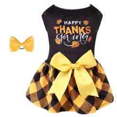 CuteBone dog dress shown from the front in yellow plaid velvet.
