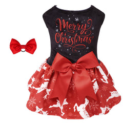 CuteBone dog dress shown from the front in its red Christmas reindeer design.