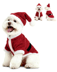 CuteBone Santa dog costume shown as a complete red outfit with white trim, black belt, and hat.