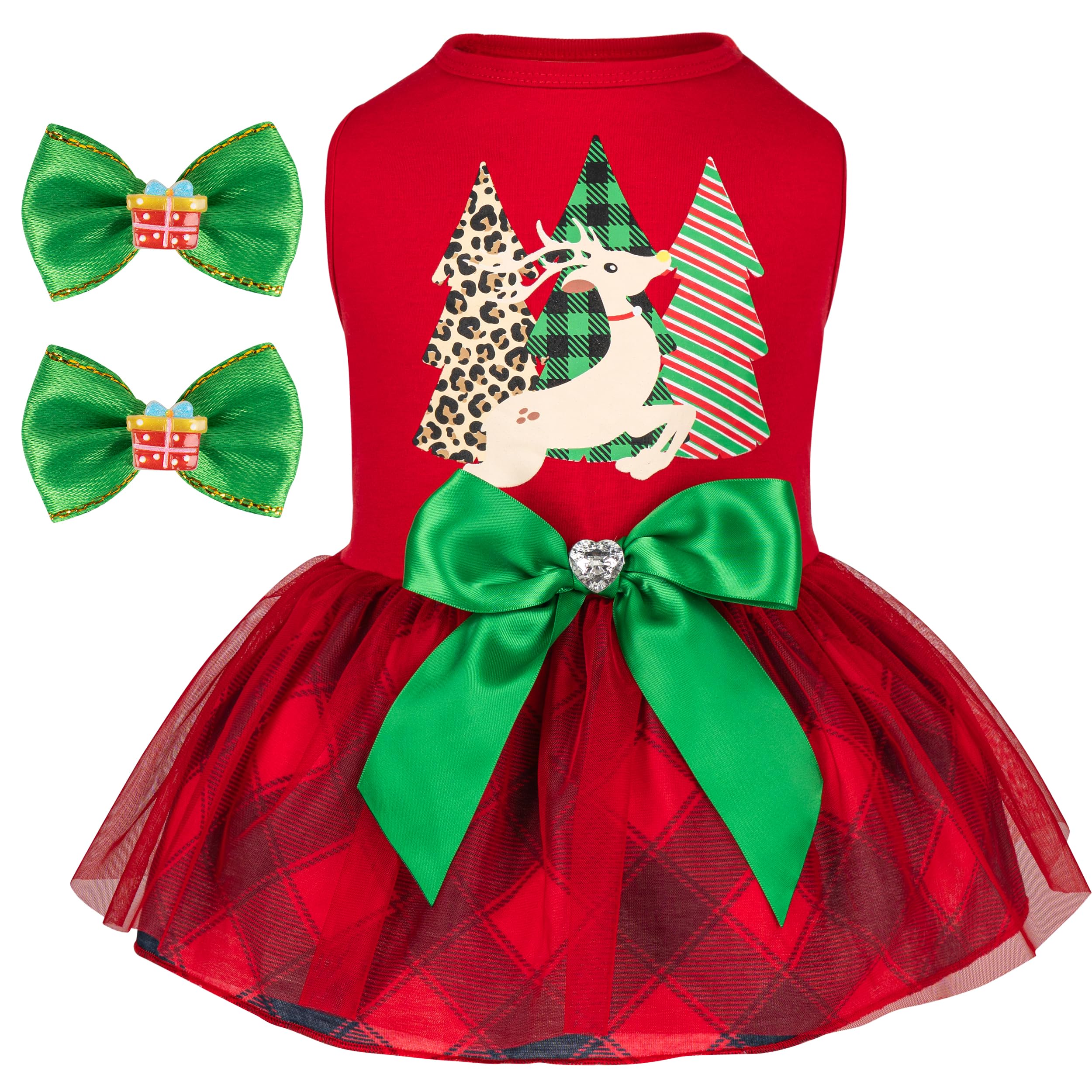 cyeollo Dog Christmas Dress shown from the front with its red plaid design.