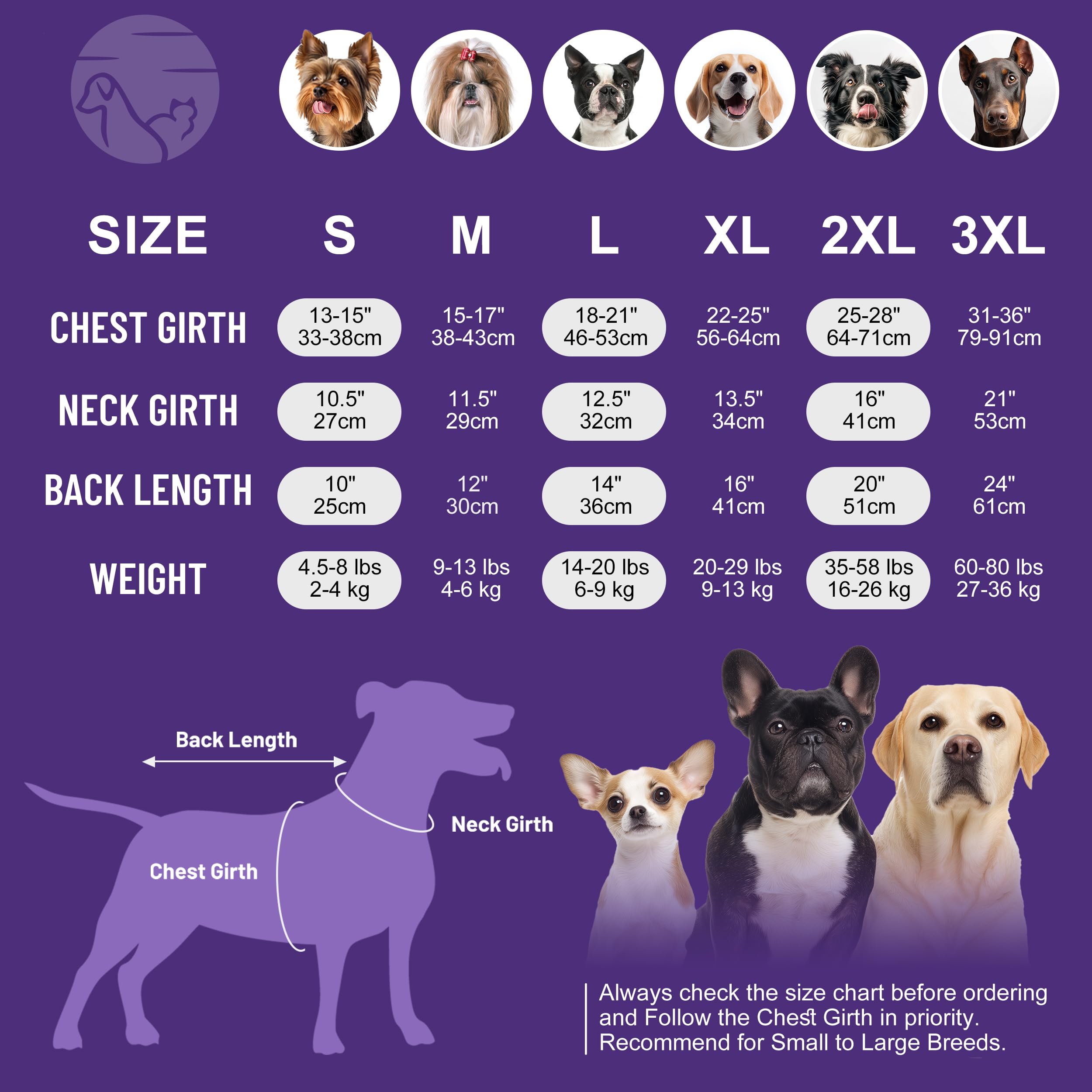 Cyeollo dog sweater size guide for choosing a fit using chest and back measurements.