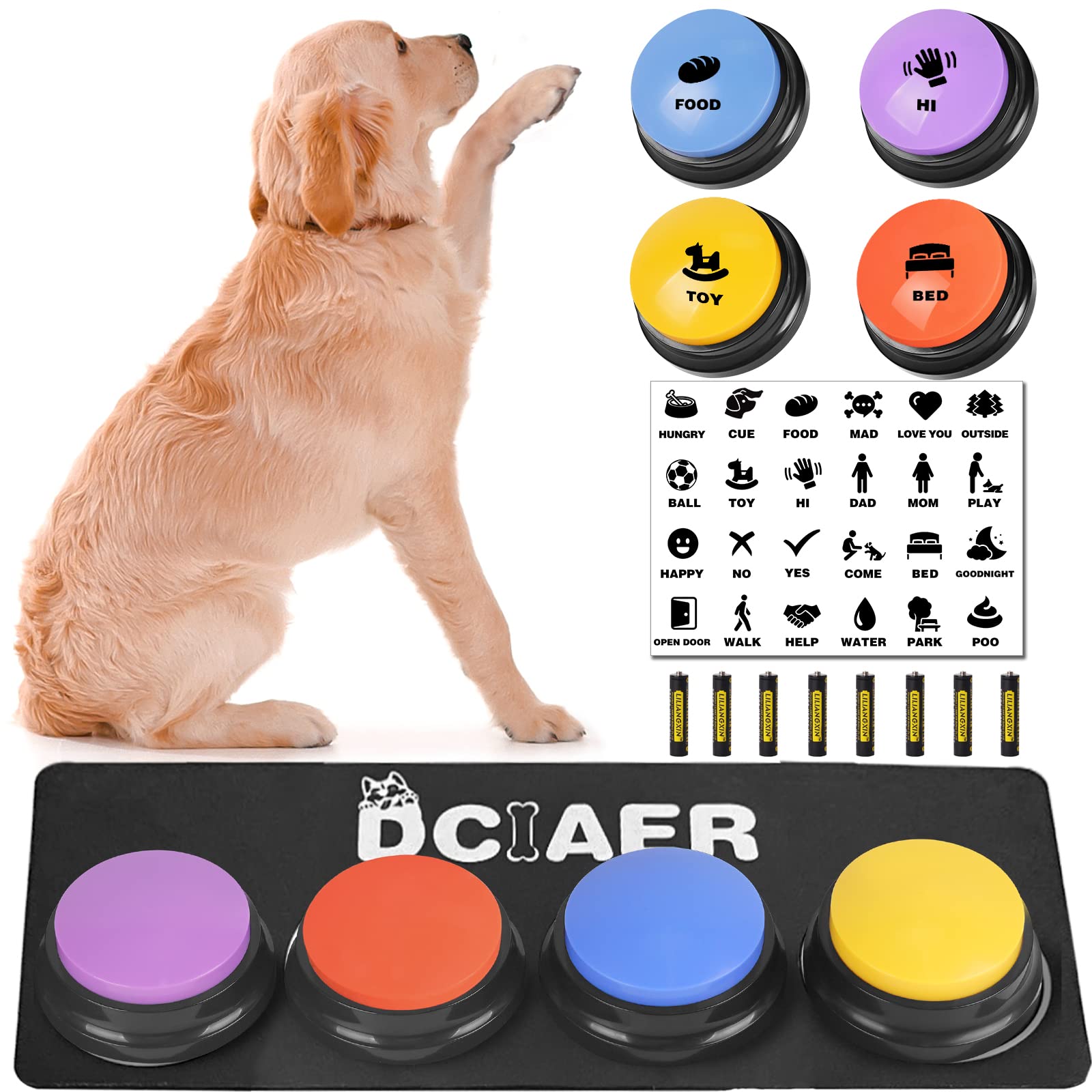 DCIAER dog buttons shown from the front as a four-button communication set.