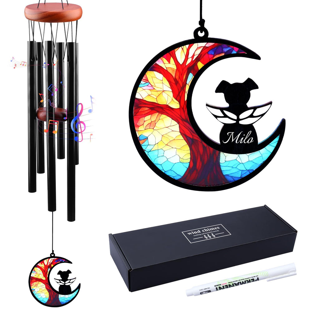 DearKeeps dog memorial wind chime shown from the front with its Moon suncatcher.