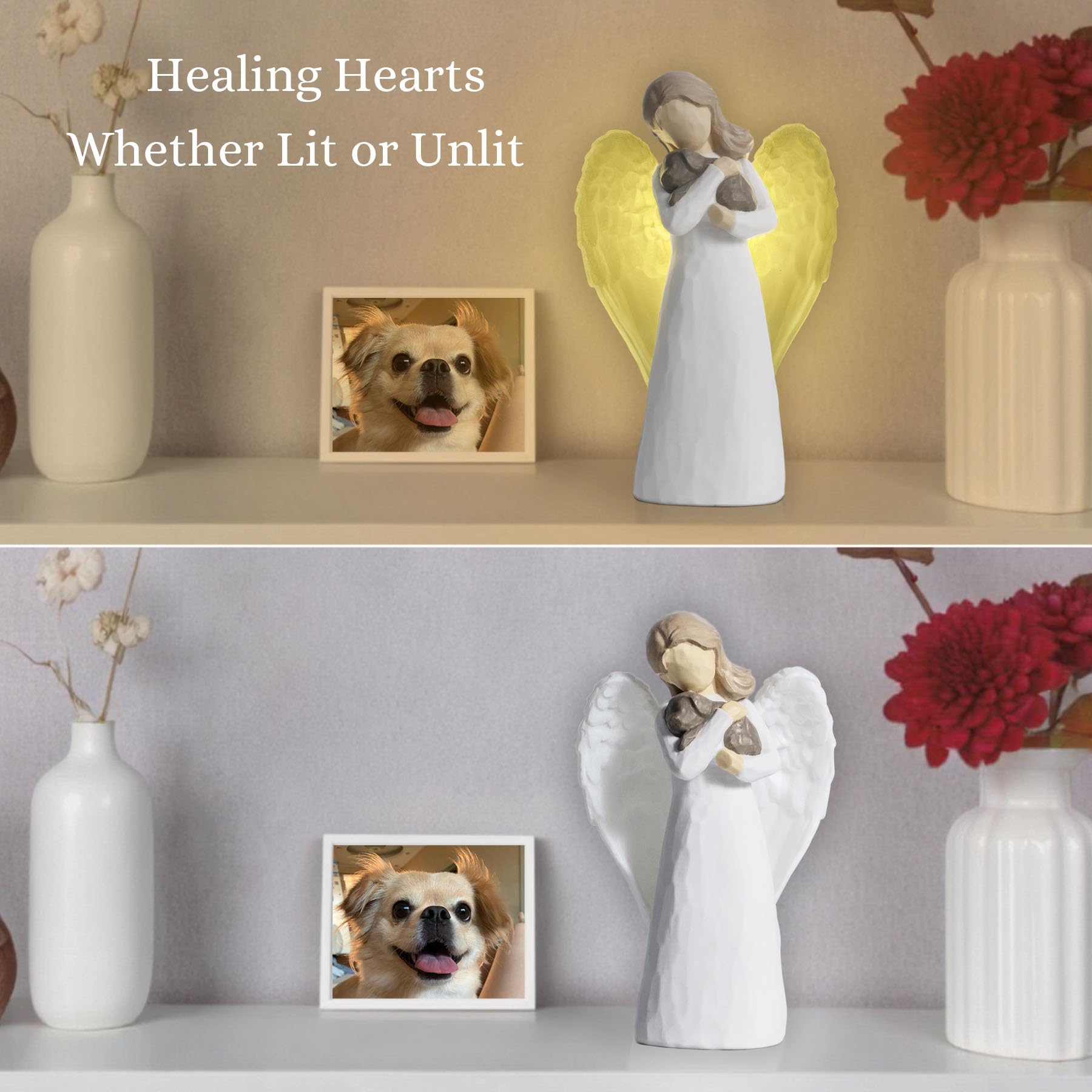 DecorSmart dog memorial angel showing the softly glowing wings.