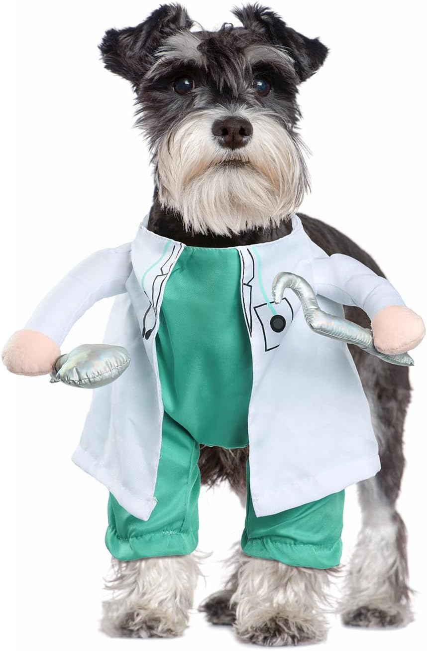 DELIFUR Dog Dentist Costume shown from the front with its white exterior and green interior.
