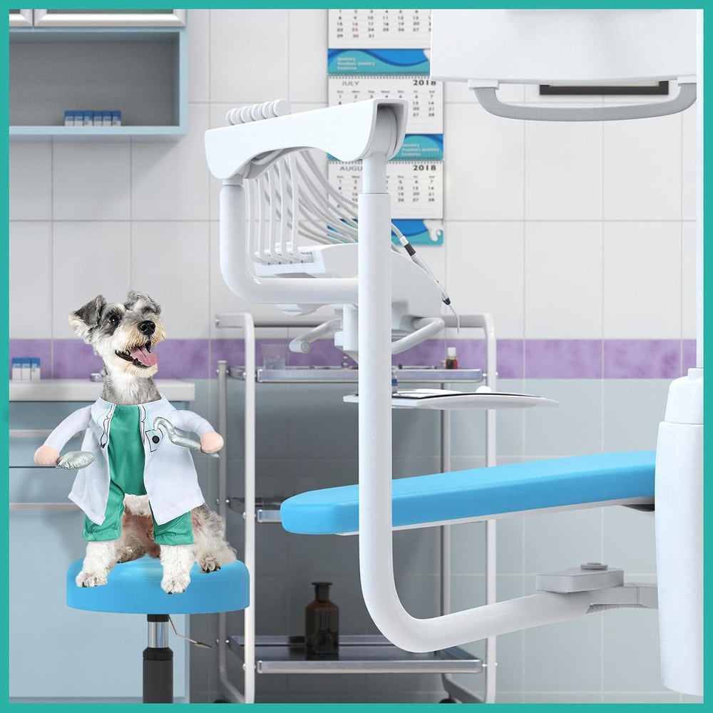 DELIFUR Dog Dentist Costume shown being worn by a dog for themed dress-up.