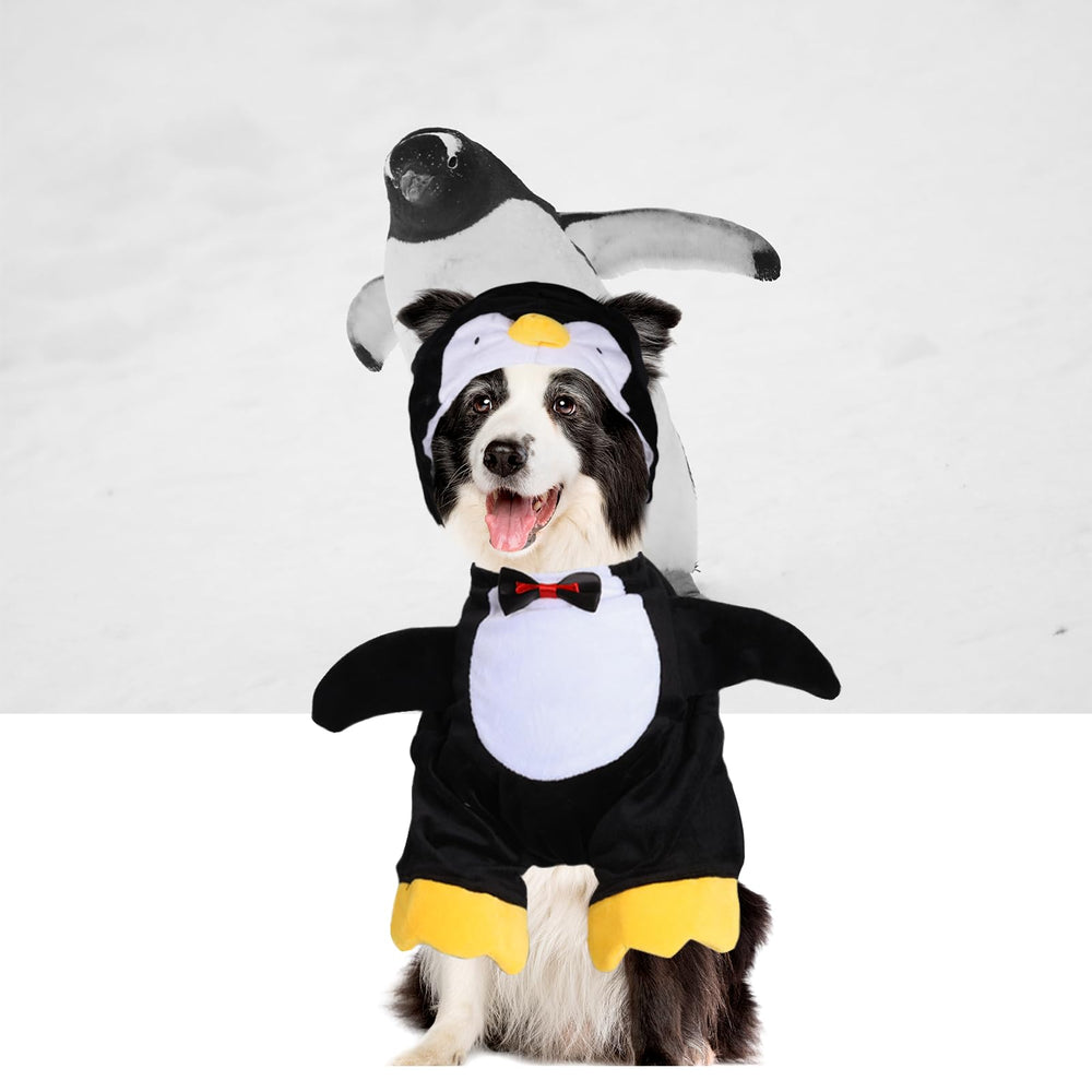 DELIFUR penguin dog costume close-up showing the bow tie detail.
