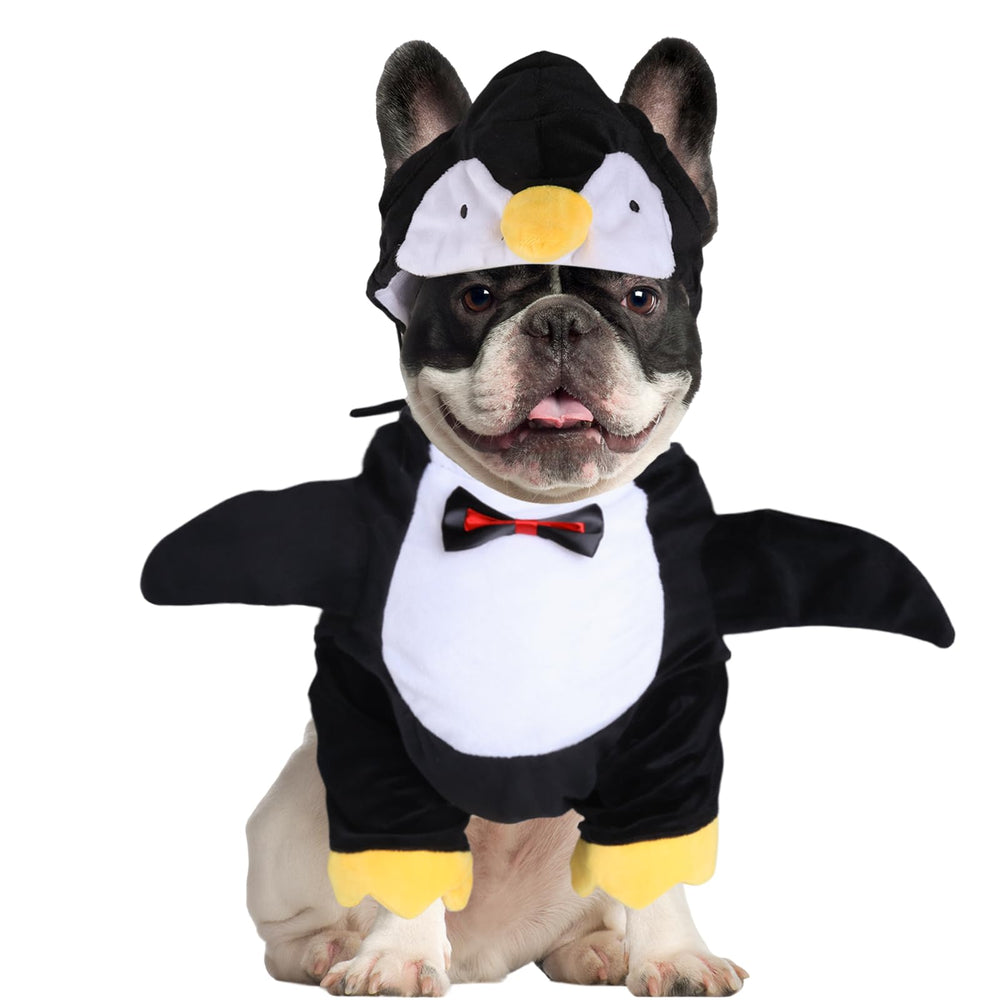 DELIFUR penguin dog costume shown from the front with its gentleman-style bow tie.