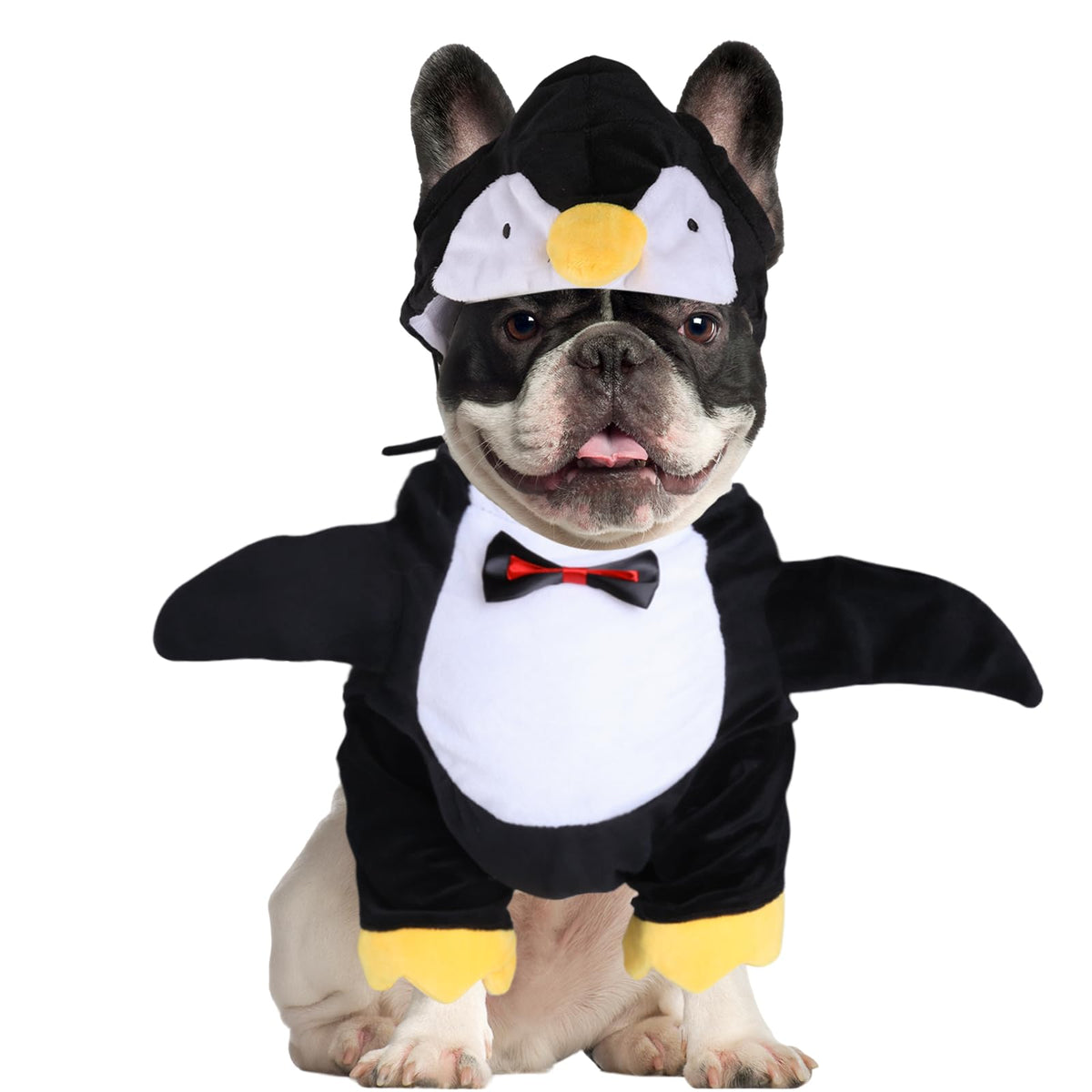 DELIFUR penguin dog costume shown from the front with its gentleman-style bow tie.